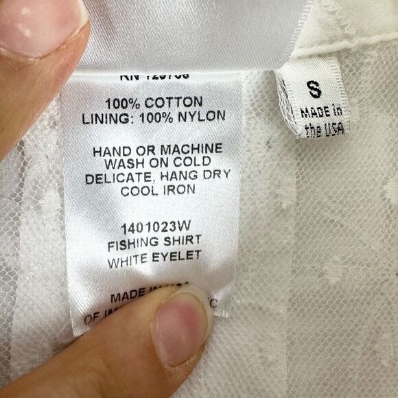 Finley Fishing Shirt White Eyelet Size Small Embroidered Cotton Vented Roll Tab - Picture 10 of 10